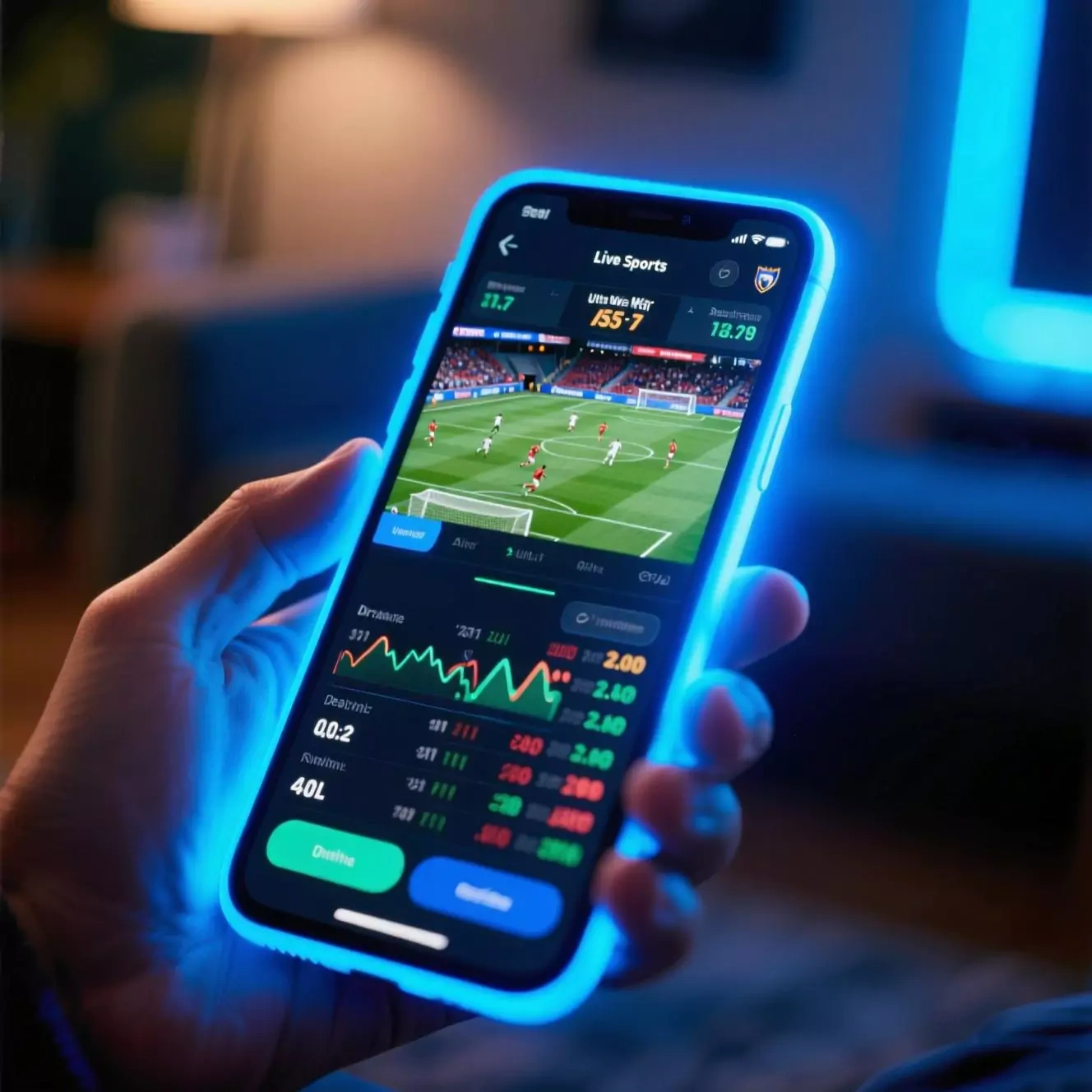 Live-Sportwetten auf dem Handy während eines Fußballspiels mit sich ändernden Quoten in Echtzeit - Dynamische Atmosphäre mit blauen Lichteffekten