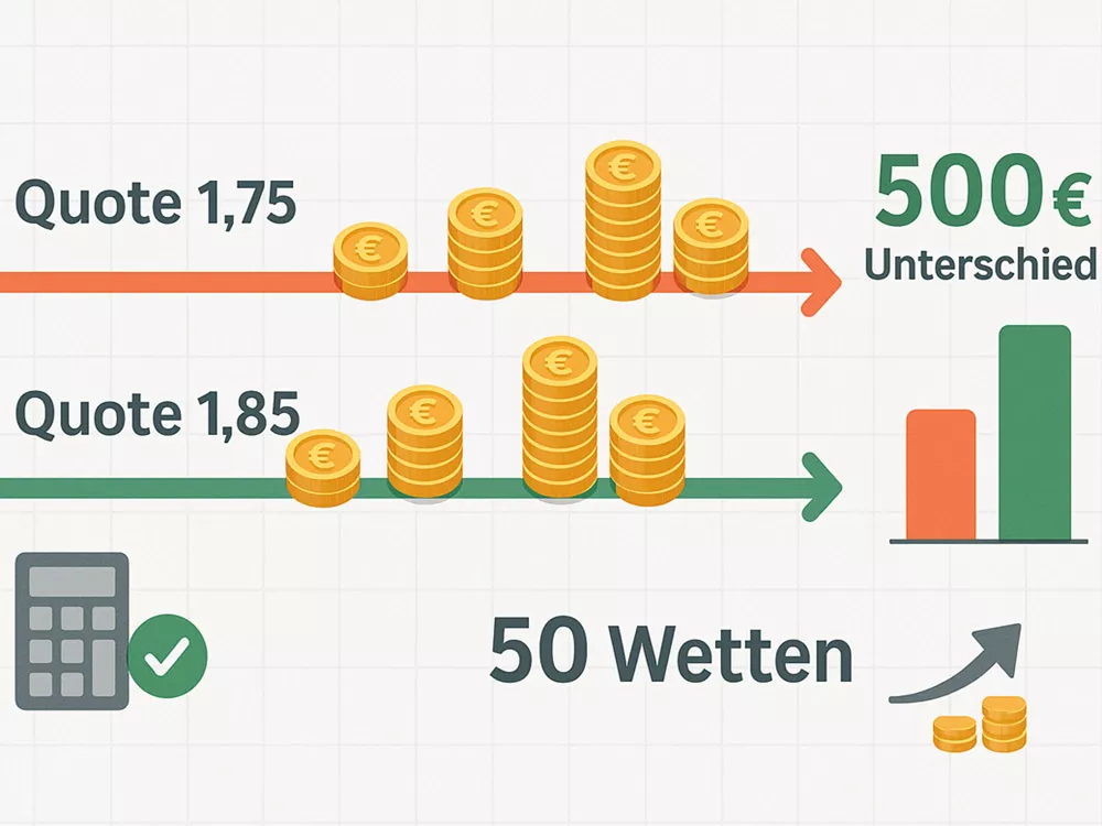 Infografik zeigt den Unterschied von 500 Euro bei 50 Wetten durch bessere Quoten