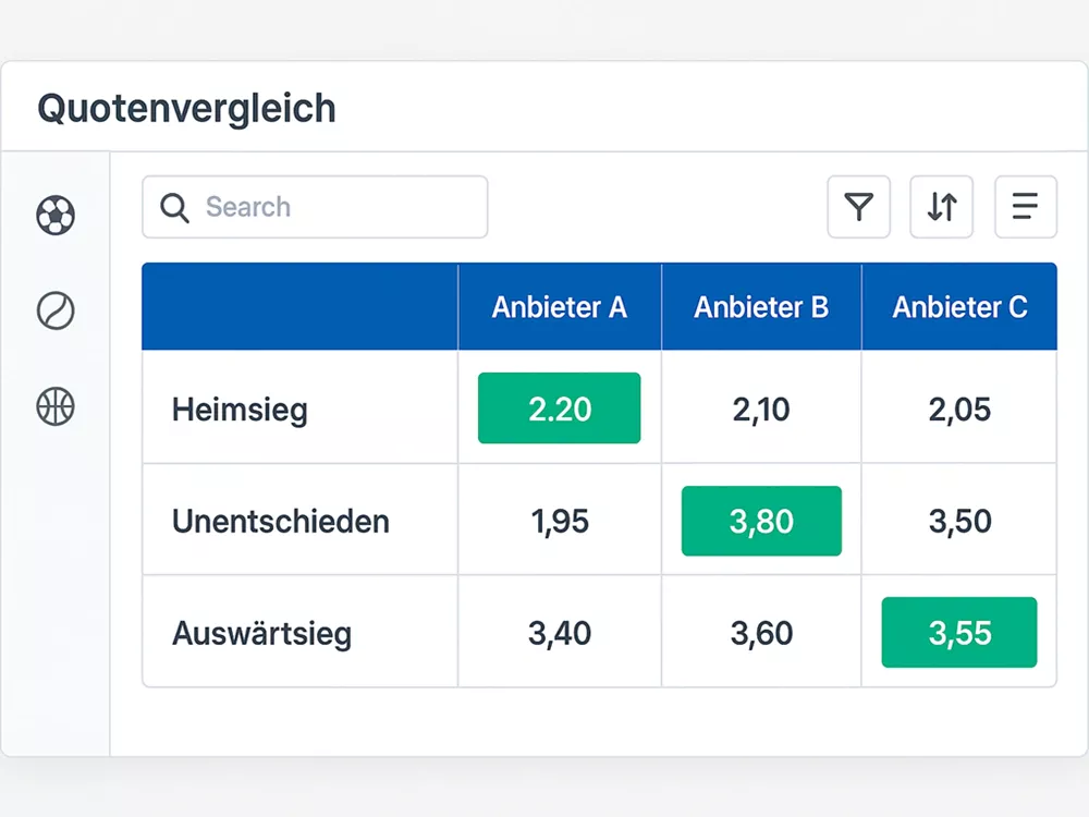 Benutzeroberfläche eines Quotenvergleich-Tools mit Tabellen verschiedener Buchmacher und Wettquoten